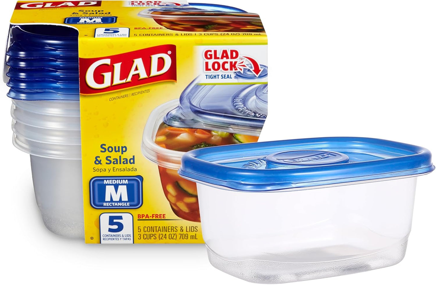 GladWare Soup & Salad Containers | Medium Rectangle, 24 oz, 5-Pack