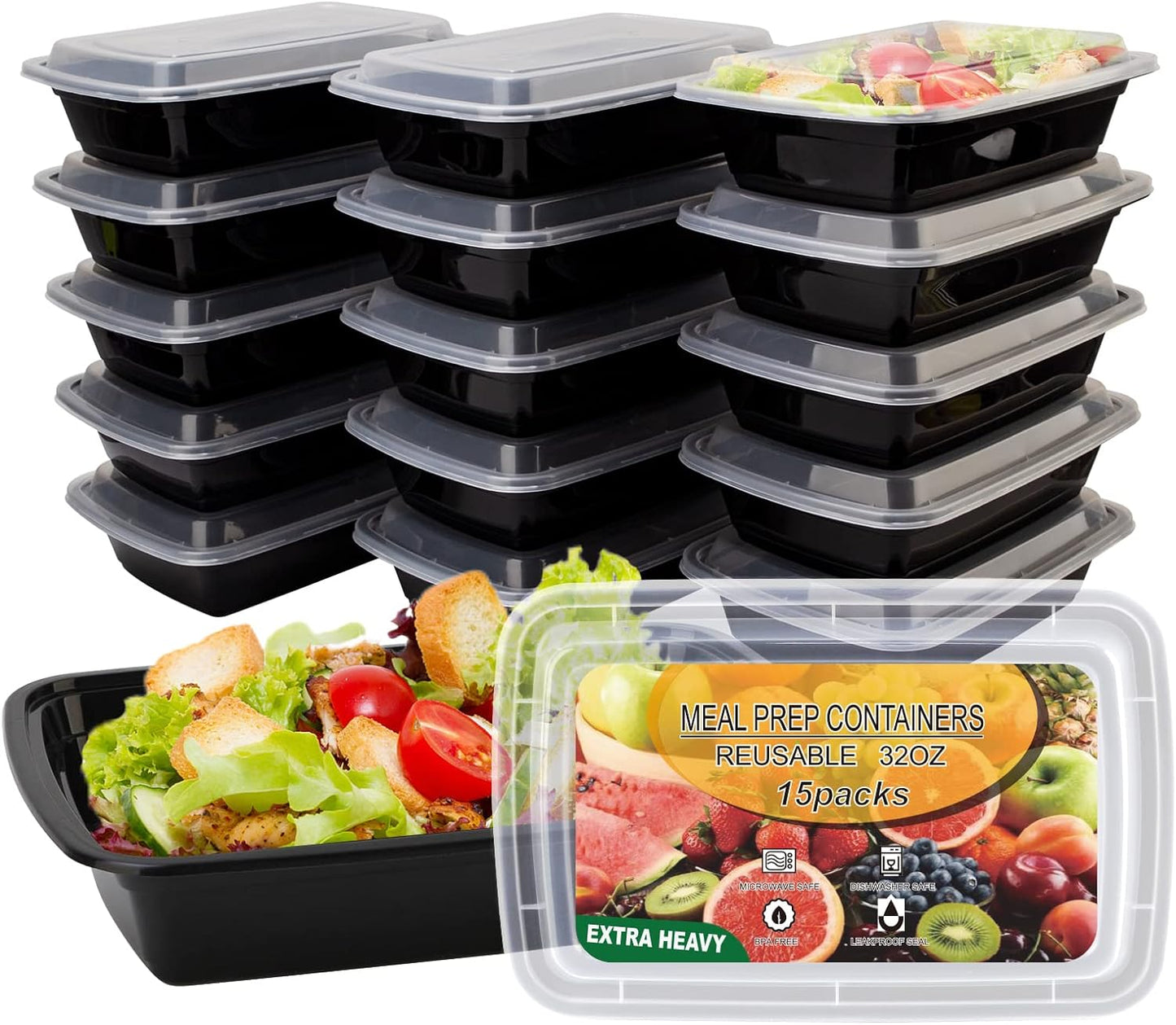 15-Pack Meal Prep Containers | 32 oz, Reusable, Leakproof, BPA-Free, Microwave/Dishwasher/Freezer Safe