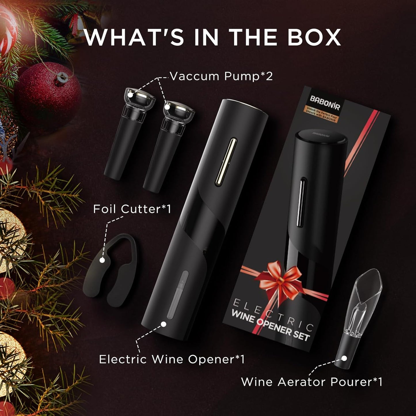 Electric Wine Opener Set | Includes Opener, Vacuum Stoppers, Aerator, Foil Cutter—Ideal Gift for Wine Lovers