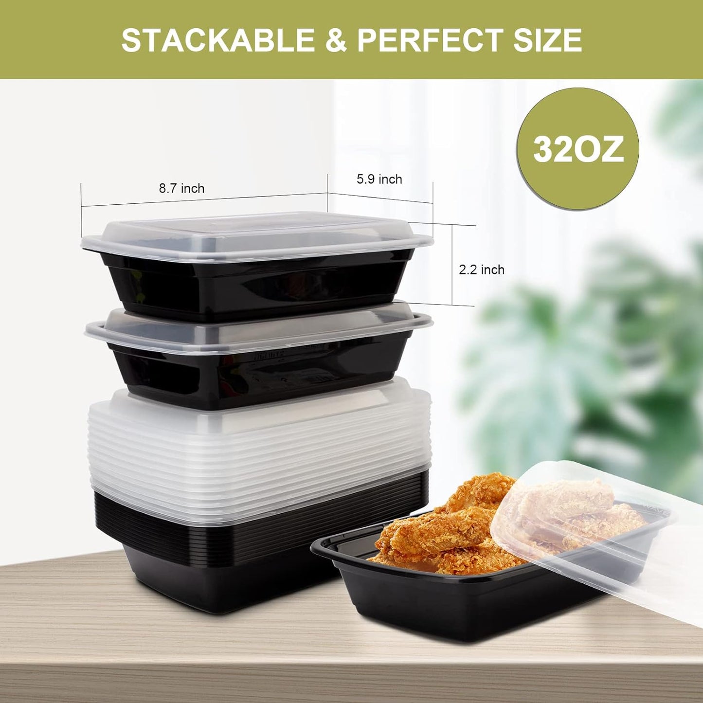 15-Pack Meal Prep Containers | 32 oz, Reusable, Leakproof, BPA-Free, Microwave/Dishwasher/Freezer Safe