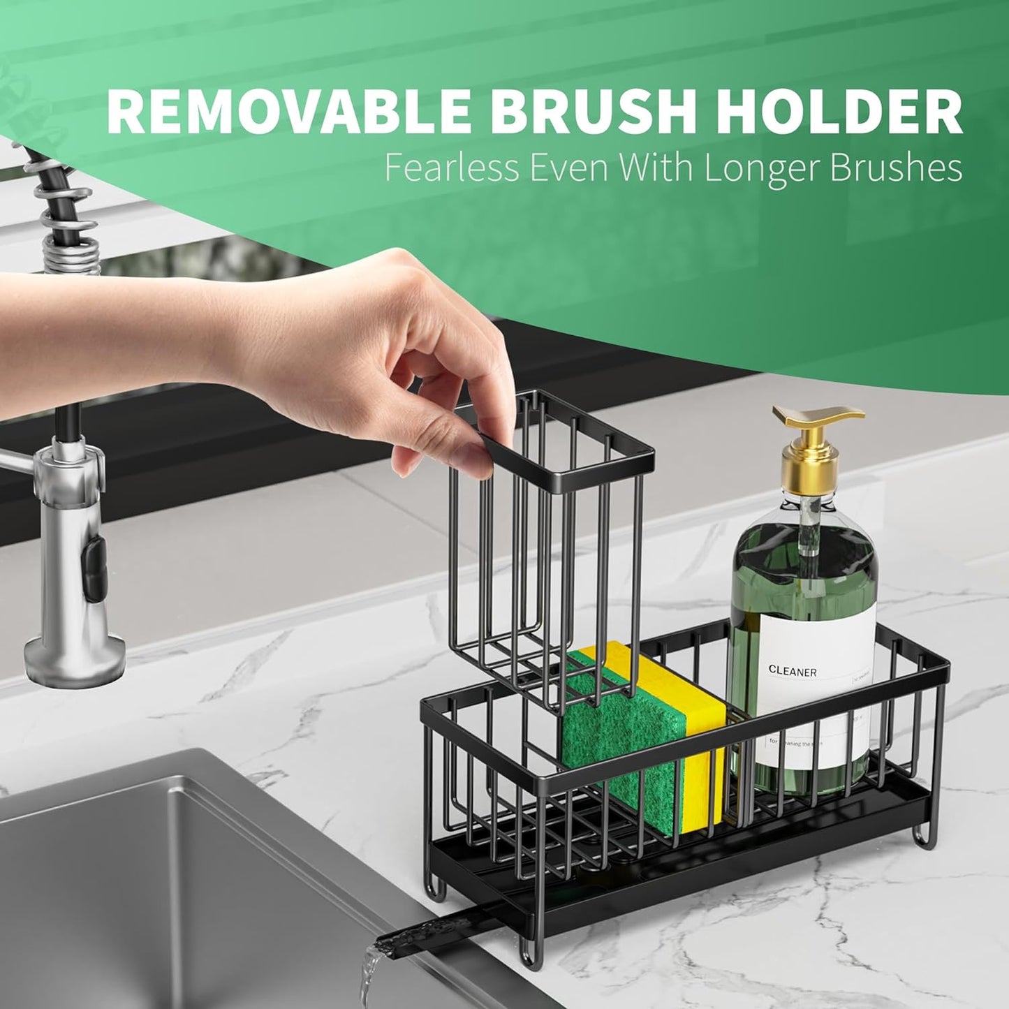 Cisily Sponge Holder for Kitchen Sink | Rustproof 304 Stainless Steel, with Brush Holder and Soap Dispenser, Sink Organizer and Storage Essentials