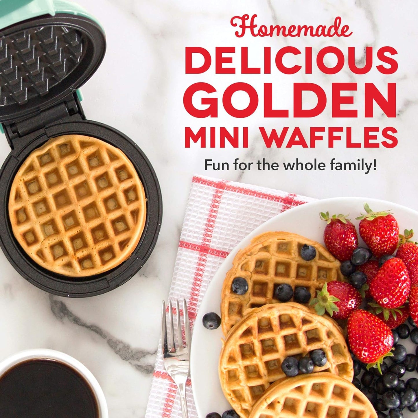 DASH Mini Waffle Maker | 4” Nonstick Waffle Iron, Quick Heat-Up, PTFE Surface, Ideal for Kids and Families (Aqua)